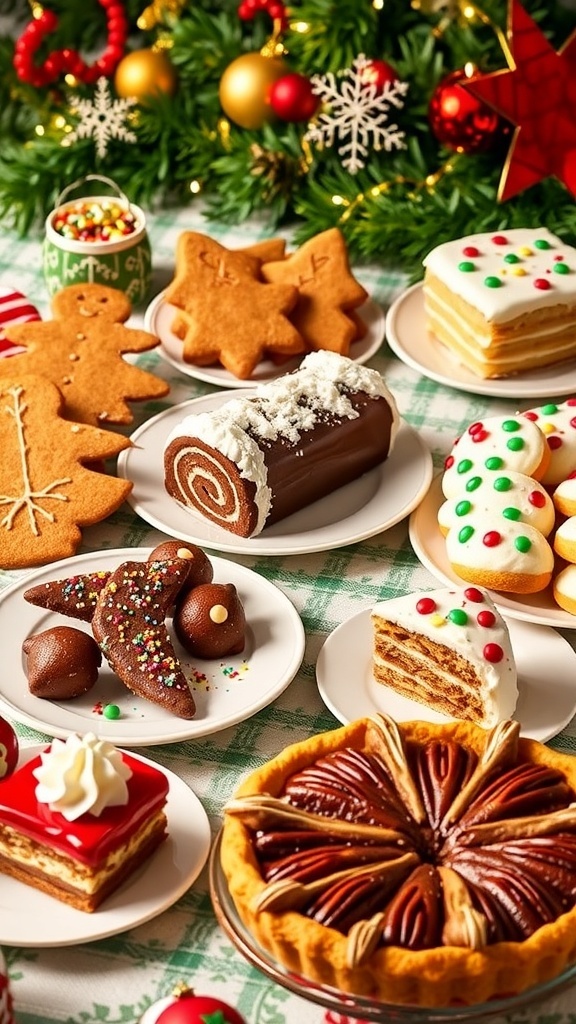A table filled with various Christmas desserts like gingerbread cookies, yule log, sugar cookies, and pecan pie, decorated for the holidays.